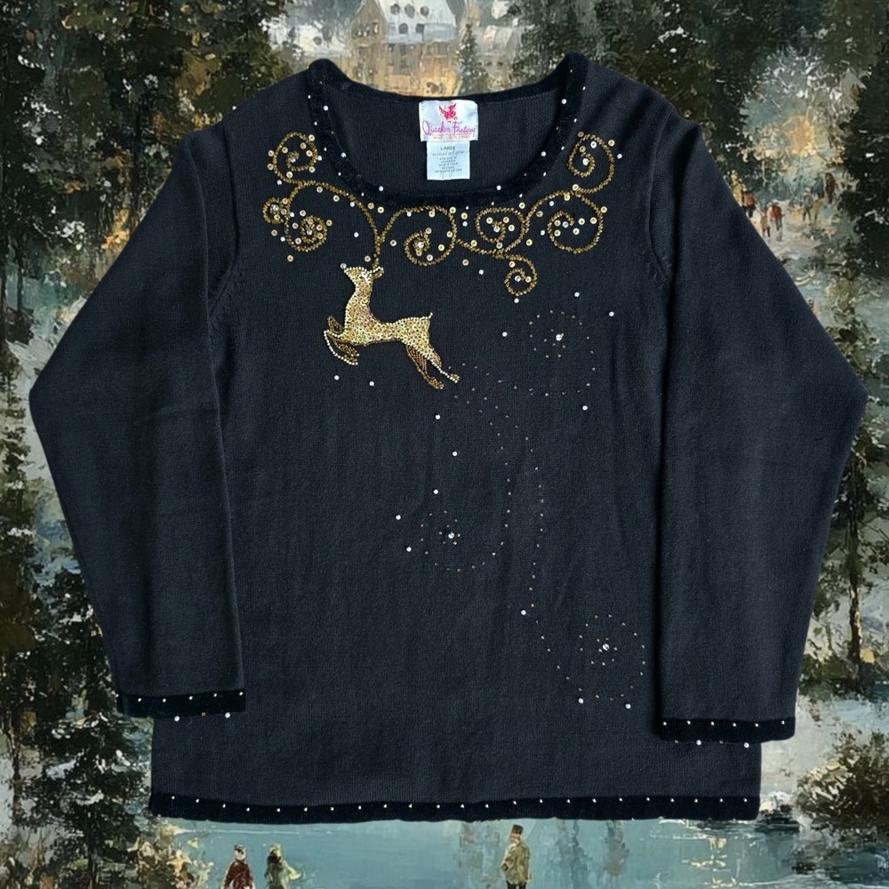 Quacker Factory Christmas Sweater Size L Black Gold Beaded Reindeer Sequins 90s